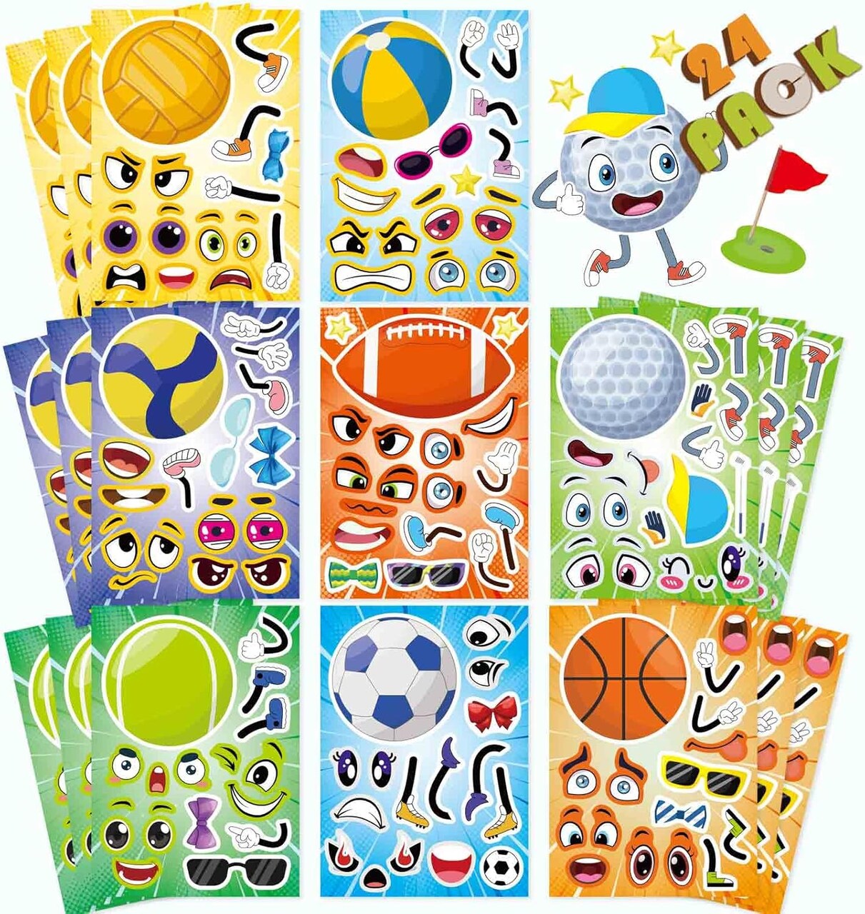 24 PCS Sport Ball Stickers for Kids, Make a Face Stickers, Make Your Own Mix and Match Sticker Sheets, Basketball, Baseball, Football, Volleyball, Soccer, Rugby Stickers for Teens/Kids
